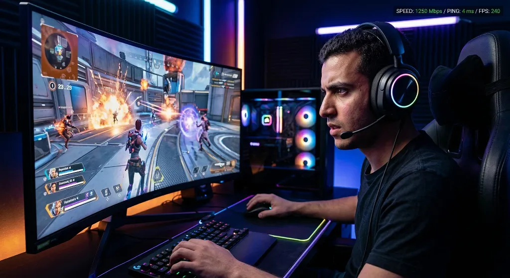 شاب سعودي يلعب ألعاباً إلكترونية اونلاين باستخدام انترنت سلام 5G السريع بدون لاغ.