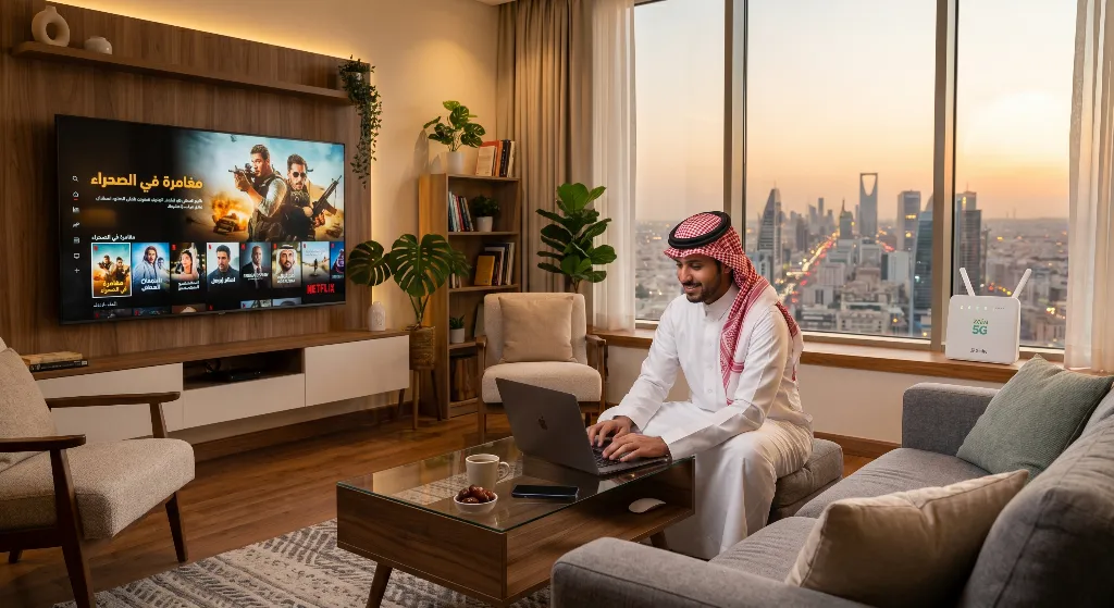مقارنة باقات إنترنت 5G المنزلي في السعودية 2026 3 صورة لشاب سعودي يجلس في غرفة معيشة عصرية يعمل على لابتوب