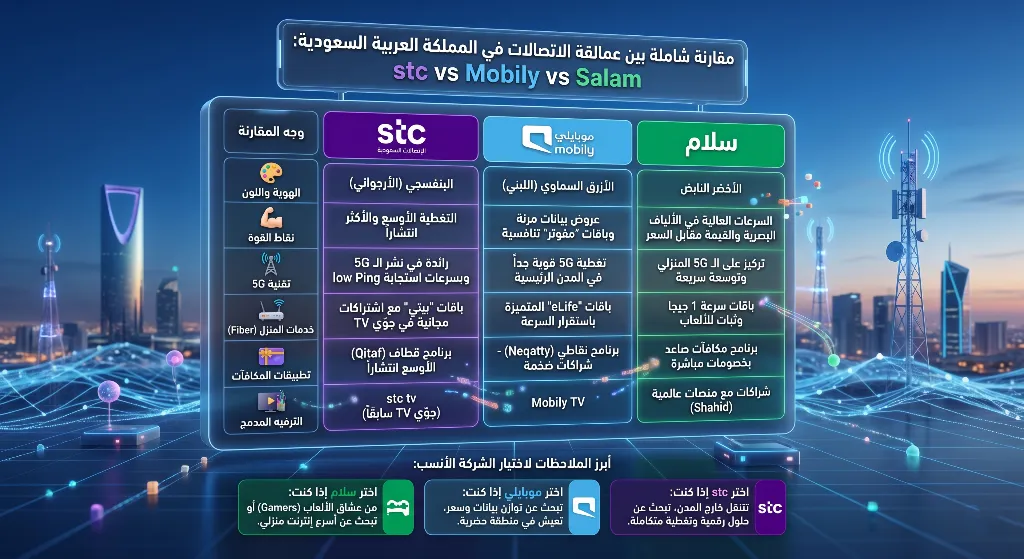 مقارنة باقات إنترنت 5G المنزلي في السعودية 2026 2 جدول إنفوجرافيك ذو تصميم جذاب يعرض مقارنة سريعة بين الشركات الثلاث من حيث السعر، السرعة، سياسة الاستخدام العادل